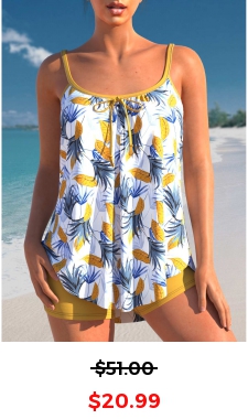 Leaf Print Bowknot Yellow Tankini Set