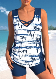 Criss Cross Tropical Plants Print Navy Tankini Top