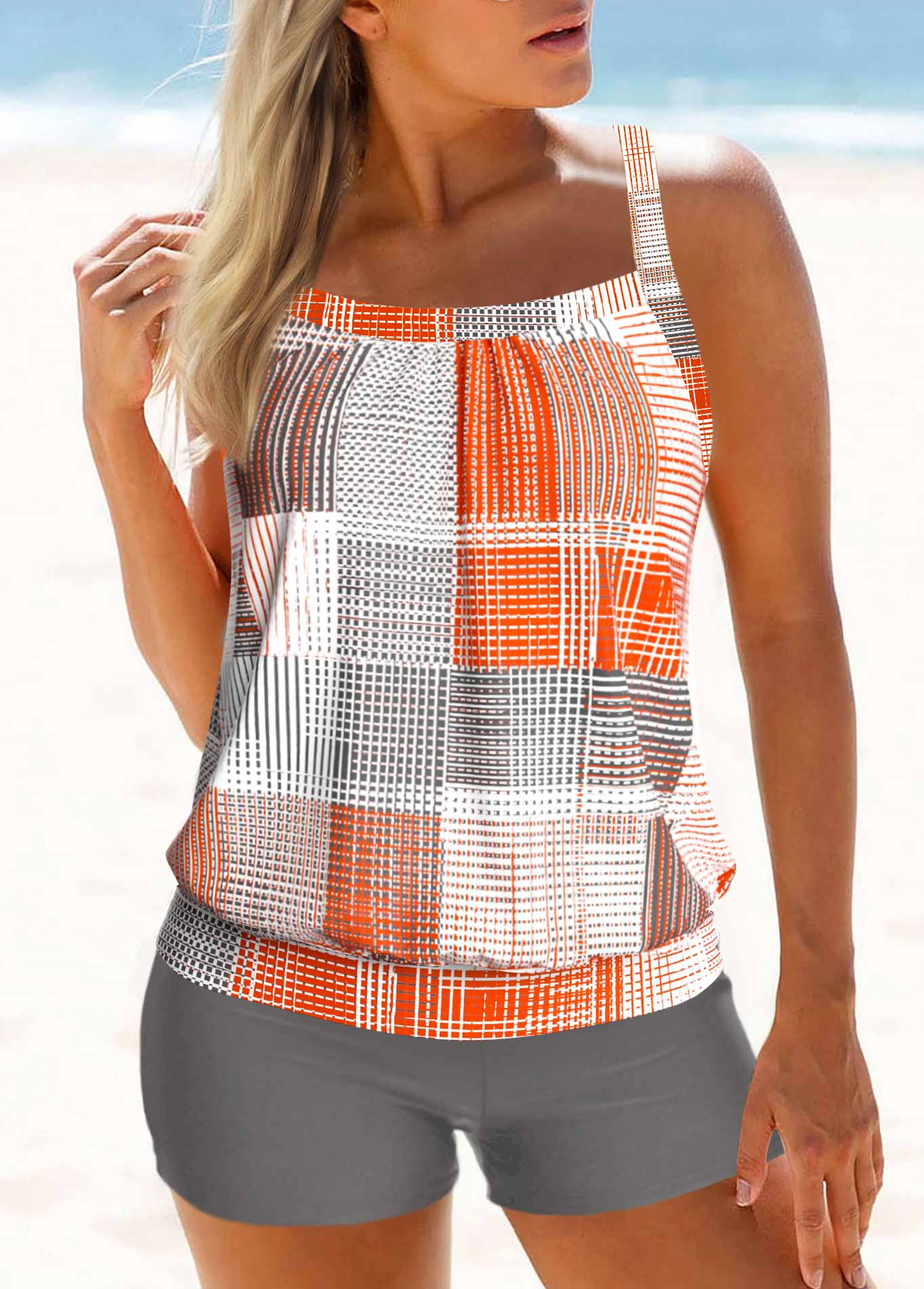 Criss Cross Geometric Print Orange Tankini Top