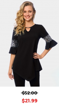 Keyhole Neckline Asymmetric Hem Sequin T Shirt