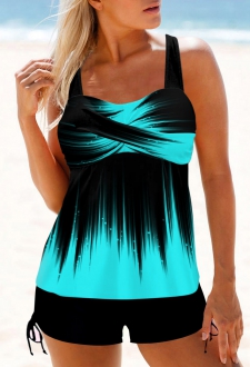 Cross Front Cyan Wide Strap Ombre Tankini Top