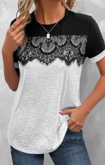 Grey Lace Short Sleeve Round Neck T Shirt