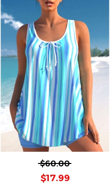 Wide Strap Sky Blue Striped Tankini Set