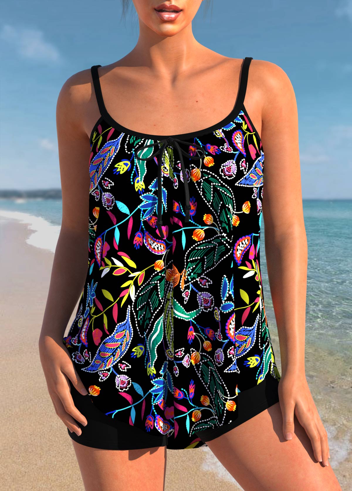 Floral Print Black Spaghetti Strap Tankini Top