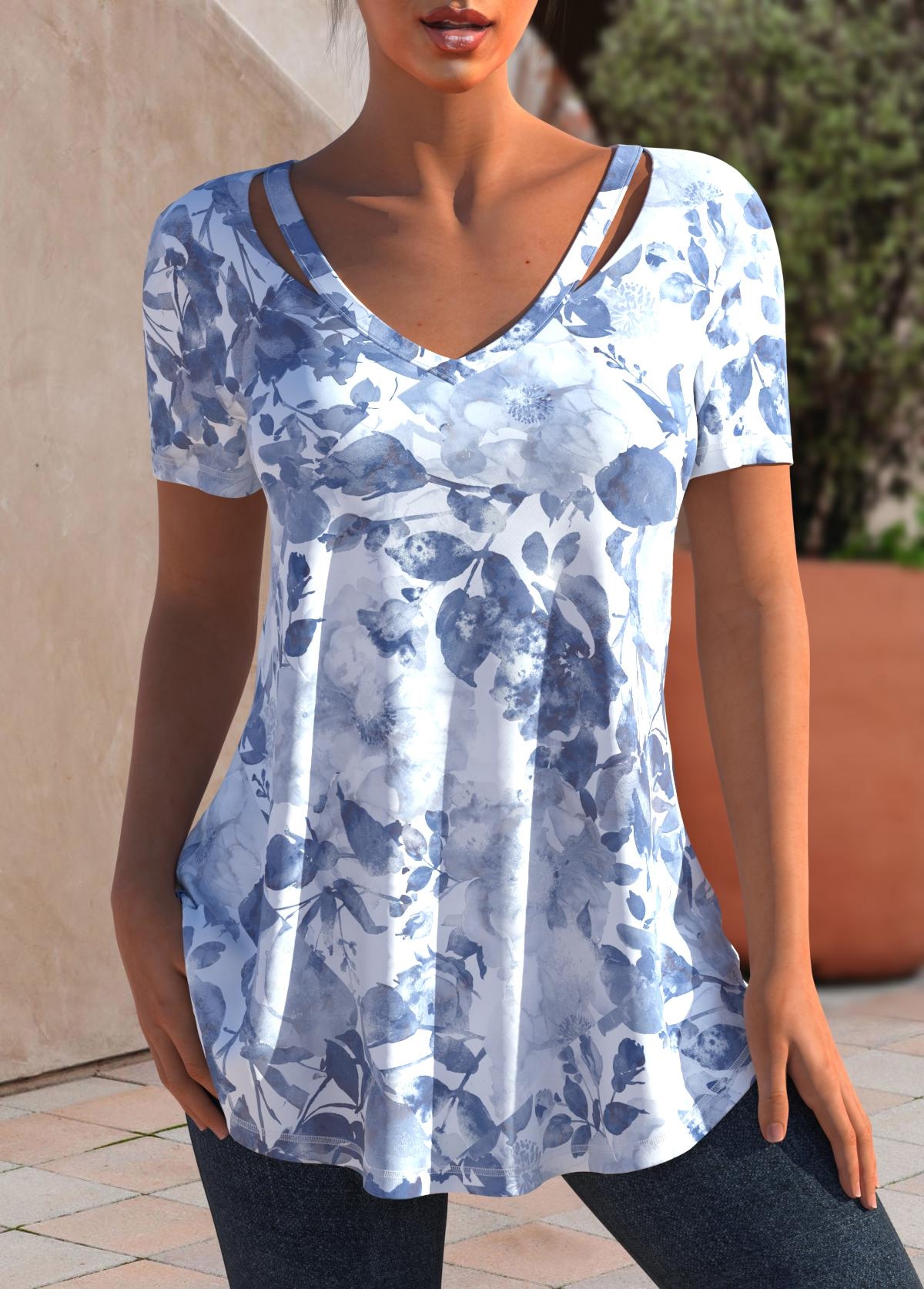 Floral Tie Dye Print Cutout Dusty Blue T Shirt