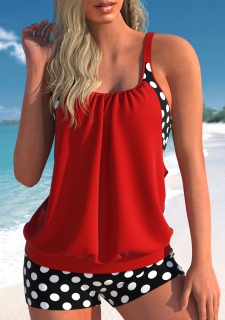 Fake 2in1 Polka Dot Red Tankini Top
