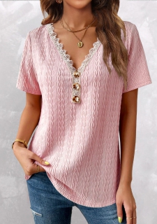 Pink Twisted Short Sleeve V Neck T Shirt