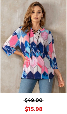 Lace Up Geometric Print 3/4 Sleeve T Shirt