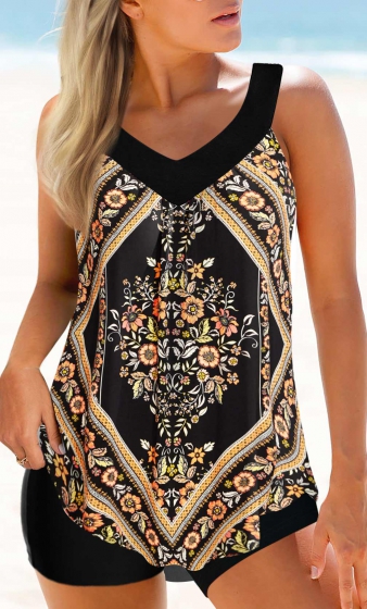 Wide Strap Curved Hem Floral Print Tankini Top