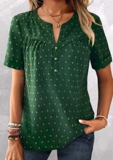 Green Button Short Sleeve Split Neck T Shirt