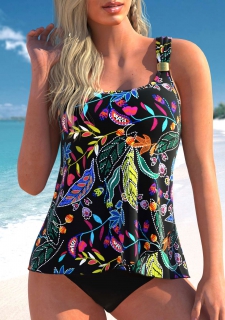 Wide Strap Black Floral Print Tankini Top