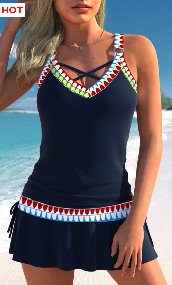 Circular Ring African Tribal Print Navy Tankini Top