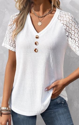 White Patchwork Short Sleeve V Neck T Shirt