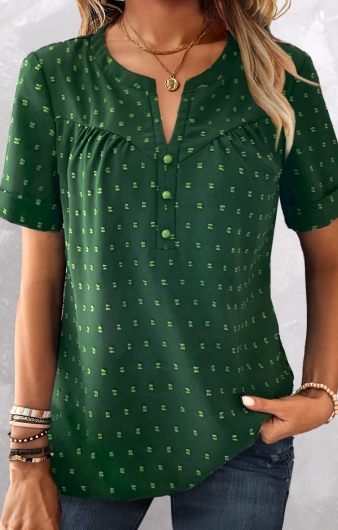 Green Button Short Sleeve Split Neck T Shirt
