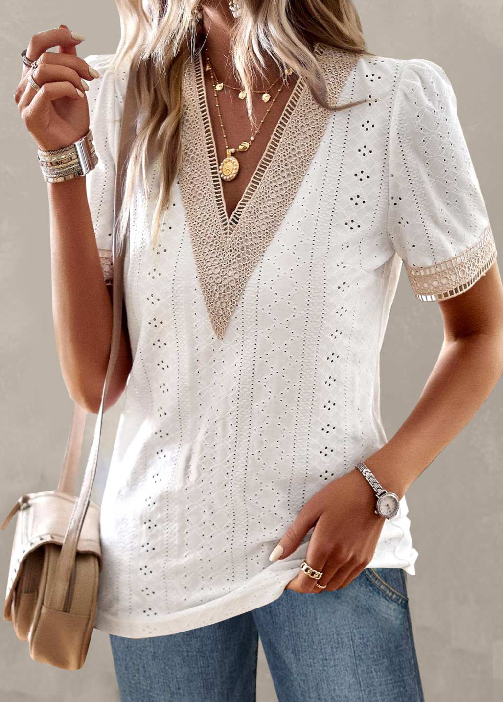 White Patchwork Short Sleeve V Neck T Shirt