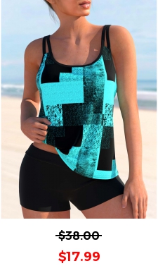 Sky Blue Double Straps Geometric Print Tankini Top
