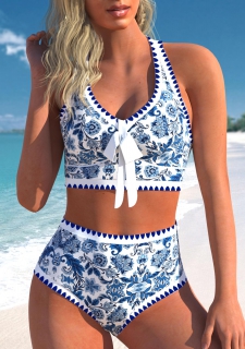 Bowknot High Waisted Tribal Print Blue Bikini Set