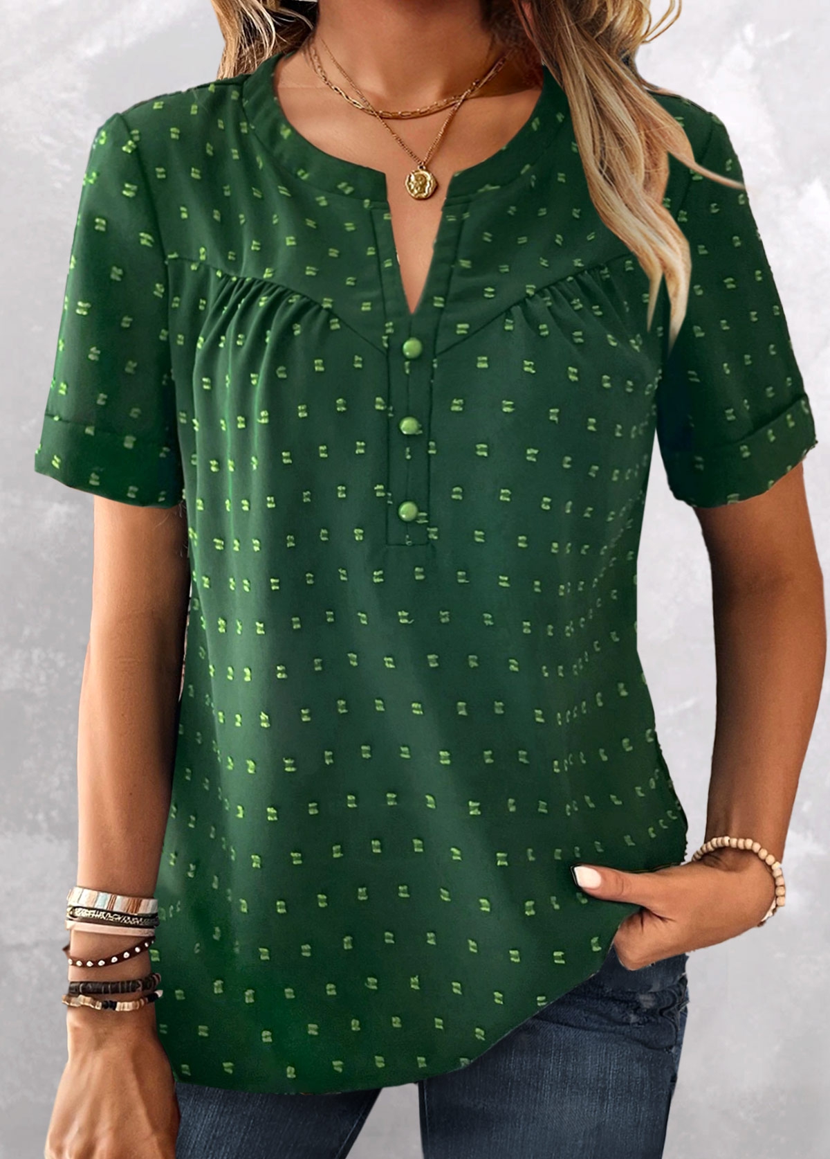 Green Button Short Sleeve Split Neck T Shirt