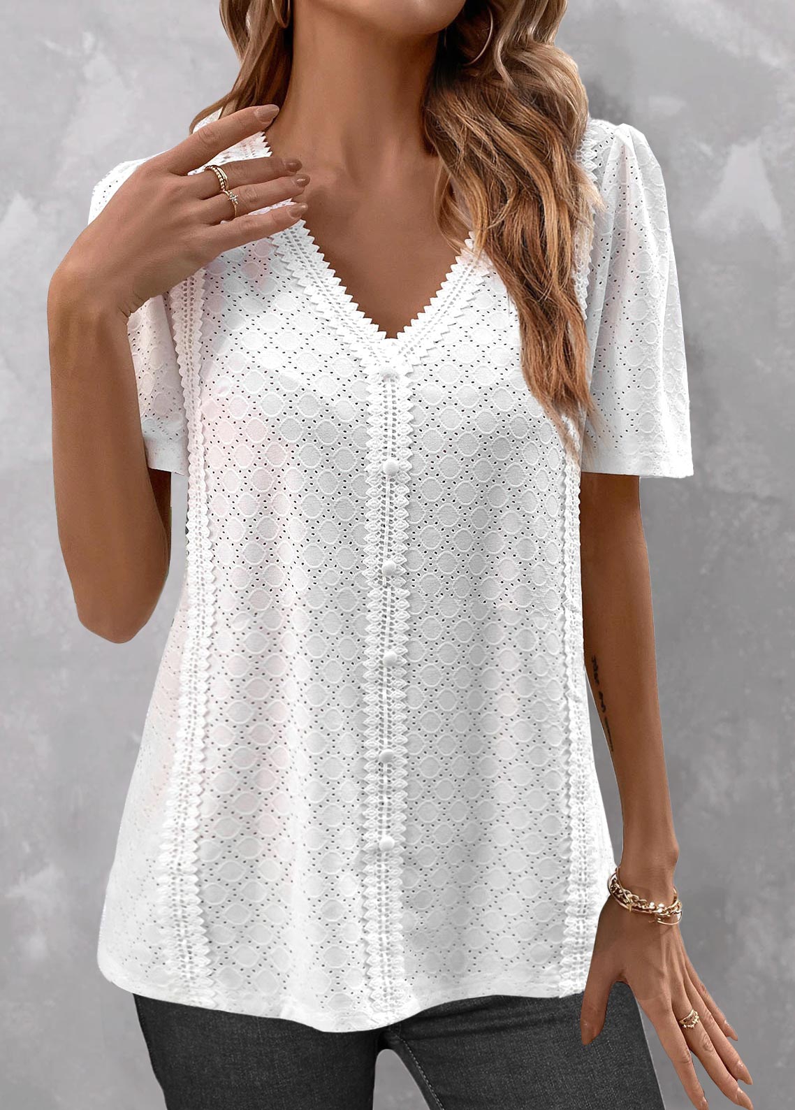 White Button Short Sleeve V Neck Blouse