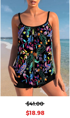 Floral Print Black Spaghetti Strap Tankini Top