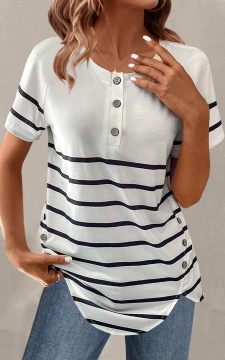 White Button Striped Short Sleeve T Shirt