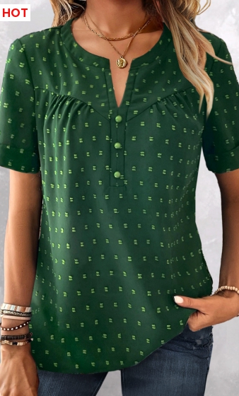 Green Button Short Sleeve Split Neck Blouse