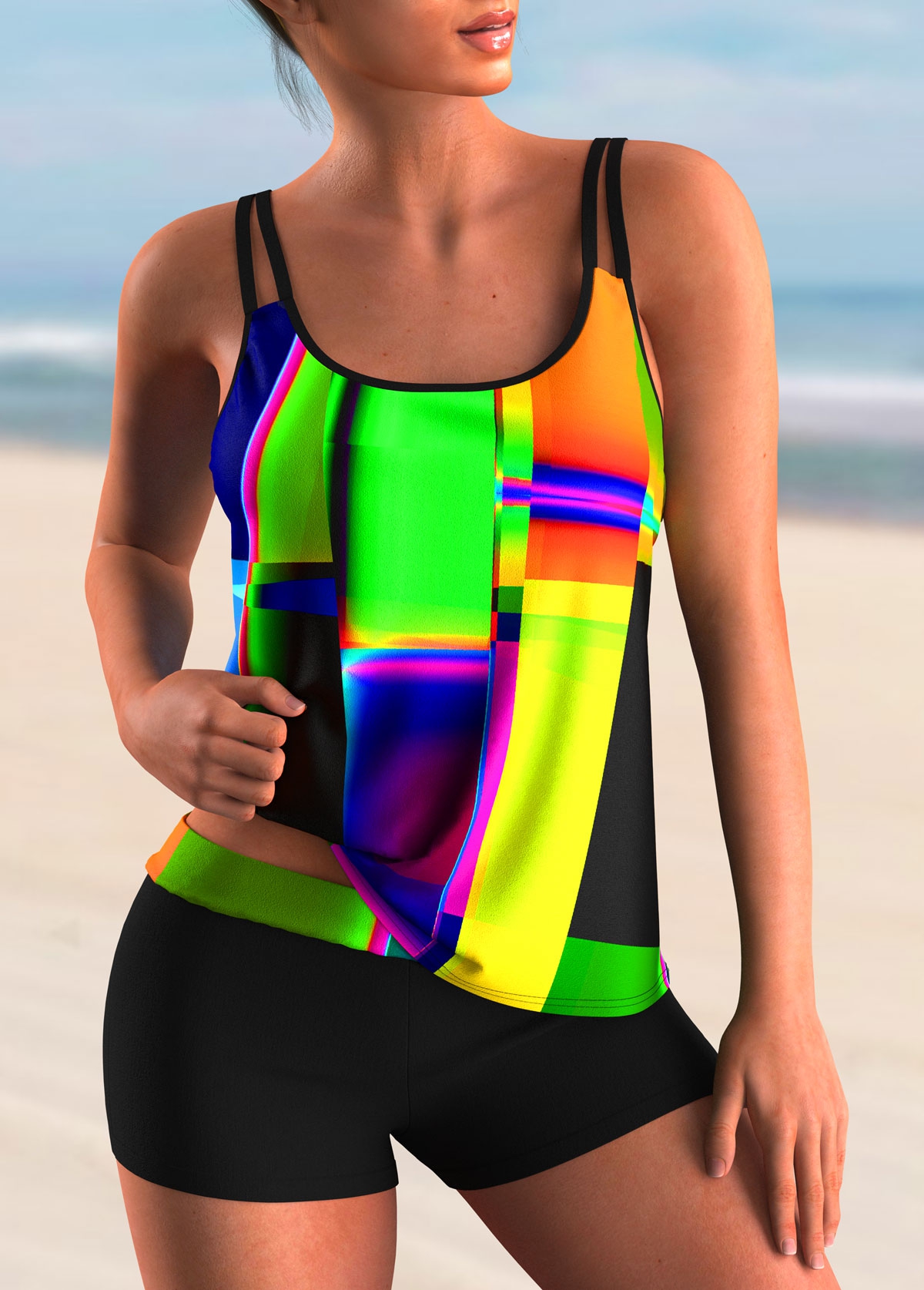 Spaghetti Strap Colorful Printed Tankini Set
