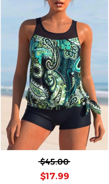 Paisley Print Wide Strap Cyan Tankini Set