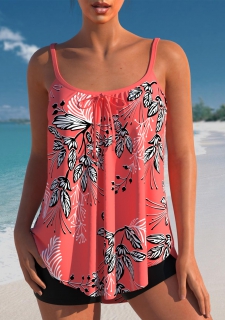 Bowknot Leaf Print Coral Red Tankini Top