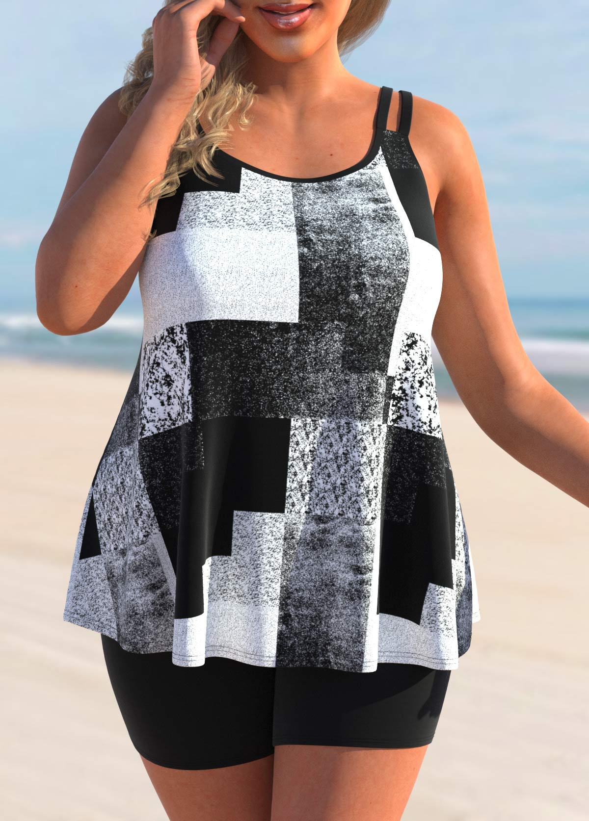 Plus Size Geometric Print Black Tankini Top