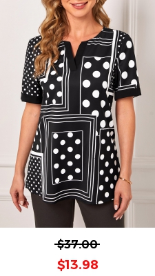 Polka Dot Geometric Print Split Neck Black T Shirt
