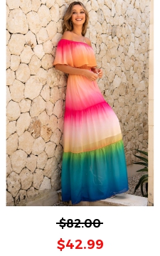 Rainbow Color Off Shoulder Flounce Maxi Dress