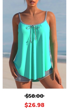 Striped Cyan Bowknot Spaghetti Strap Tankini Set