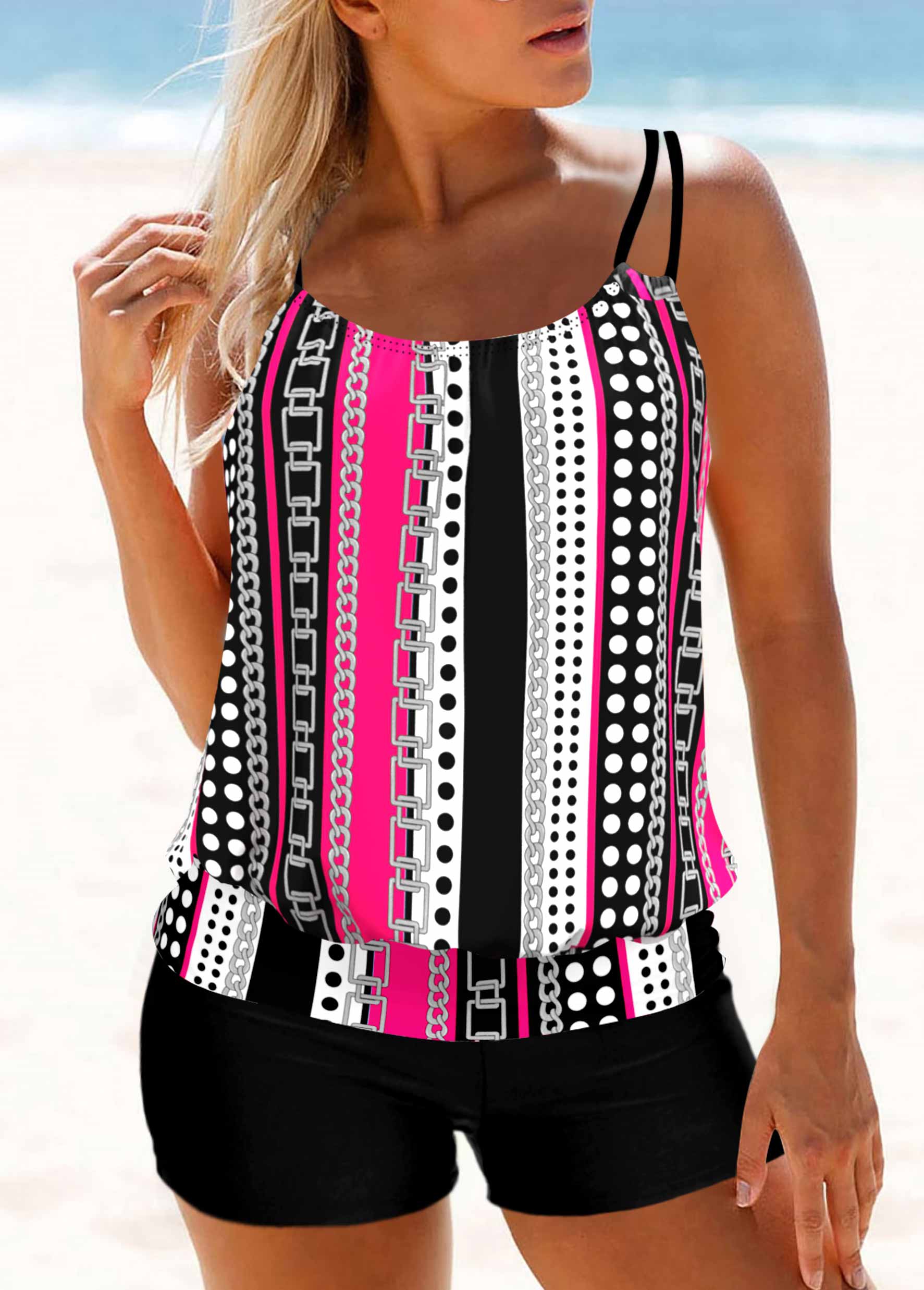 Hot Pink Polka Dot Double Straps Tankini Top