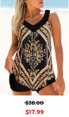 Wide Strap Curved Hem Floral Print Tankini Top