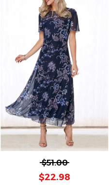 V Back Flower Print Round Neck Dress