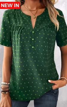 Green Button Short Sleeve Split Neck Blouse
