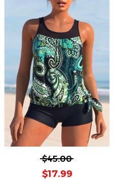 Paisley Print Wide Strap Cyan Tankini Set