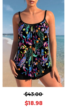 Floral Print Black Spaghetti Strap Tankini Top