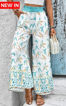 Mint Green Smocked Leaf Print Elastic Waist Pants