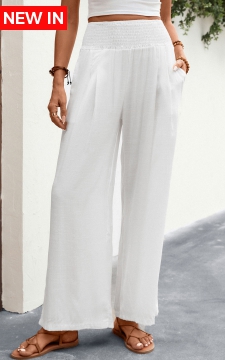 White Smocked Elastic Waist High Waisted Pants