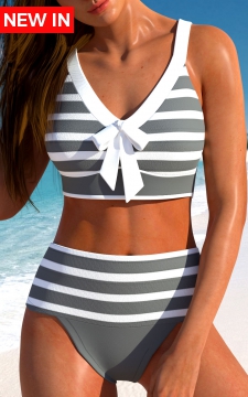 Patchwork High Waisted Striped Grey Bikini Set