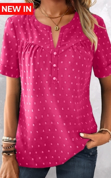 Hot Pink Button Short Sleeve Split Neck Blouse