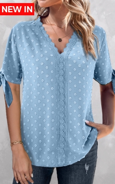 Light Blue Tie Short Sleeve V Neck Blouse