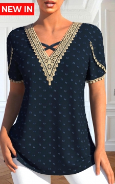 Navy Patchwork Short Sleeve V Neck T Shirt