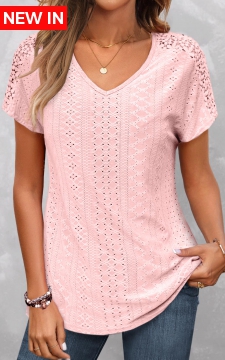 Pink Lace Short Sleeve V Neck T Shirt