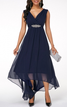 V Back Sleeveless High Low Navy Blue Dress