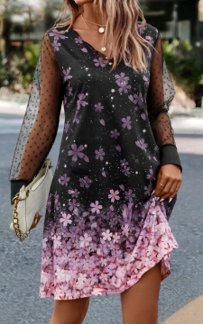 Black Mesh Floral Print A Line Dress
