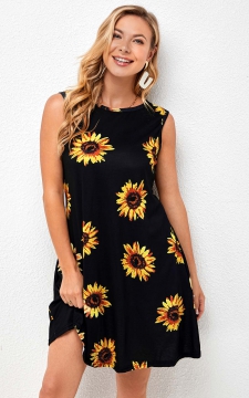 Sunflower Print Sleeveless Round Neck Dress