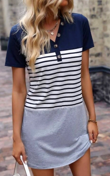 Navy Button Short Sleeve V Neck Dress